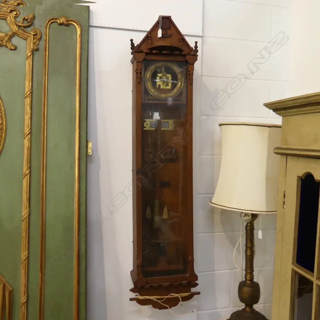 VINTAGE TALL WOODEN & BRASS PENDULUM WALL CLOCK (ELECTRIC) H.1330mm Image 1++