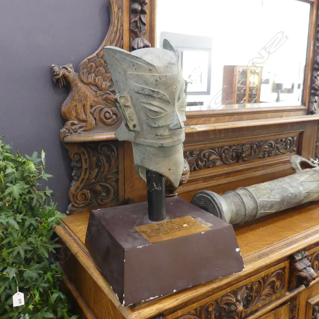 CHINESE ARCHAIC STYLE BRONZE HEAD ON STAND H.550mm Image 1++