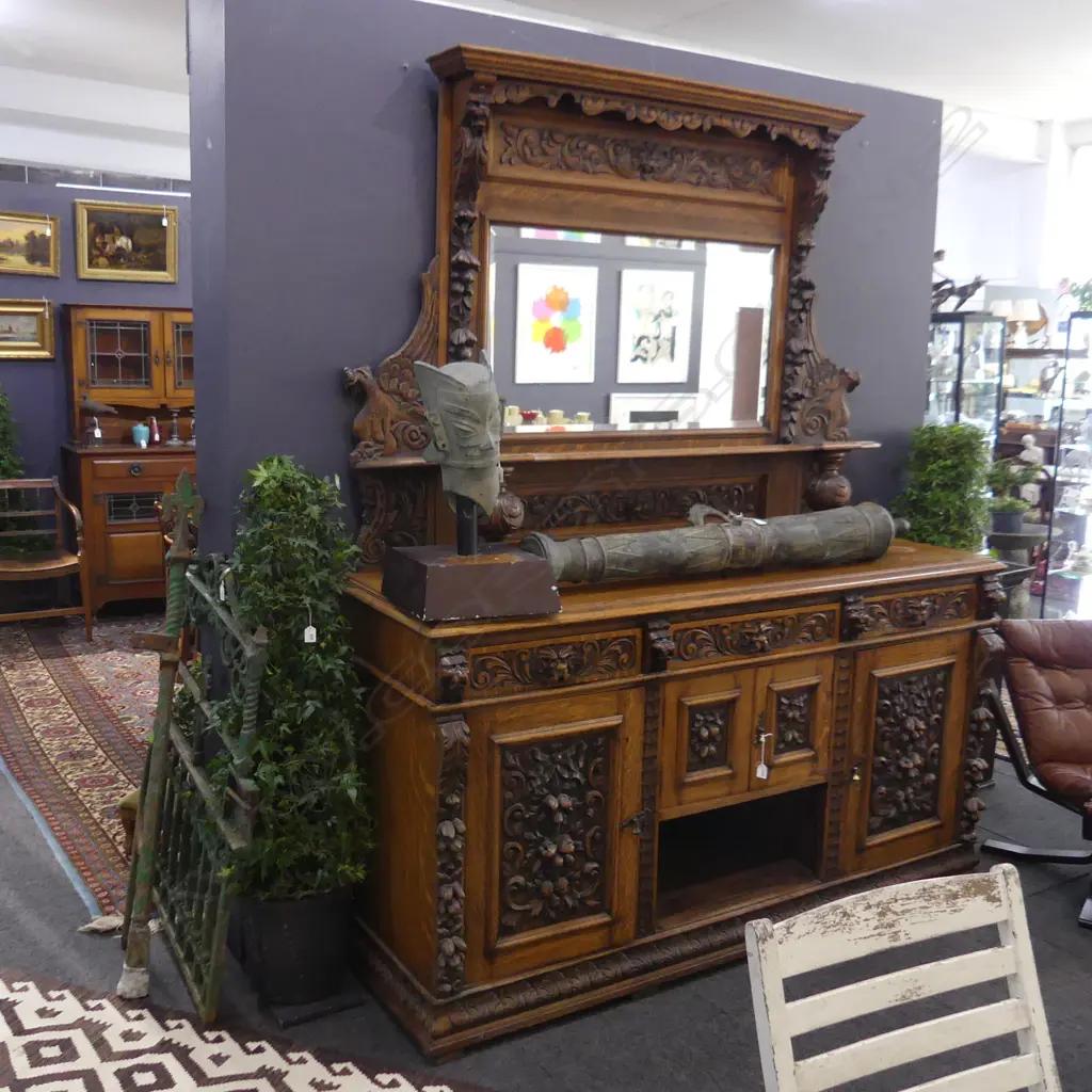 IMPRESSIVE 19thC. CARVED OAK MIRROR BACK SIDEBOARD 1860 x 660 x 2330mm Image 1++