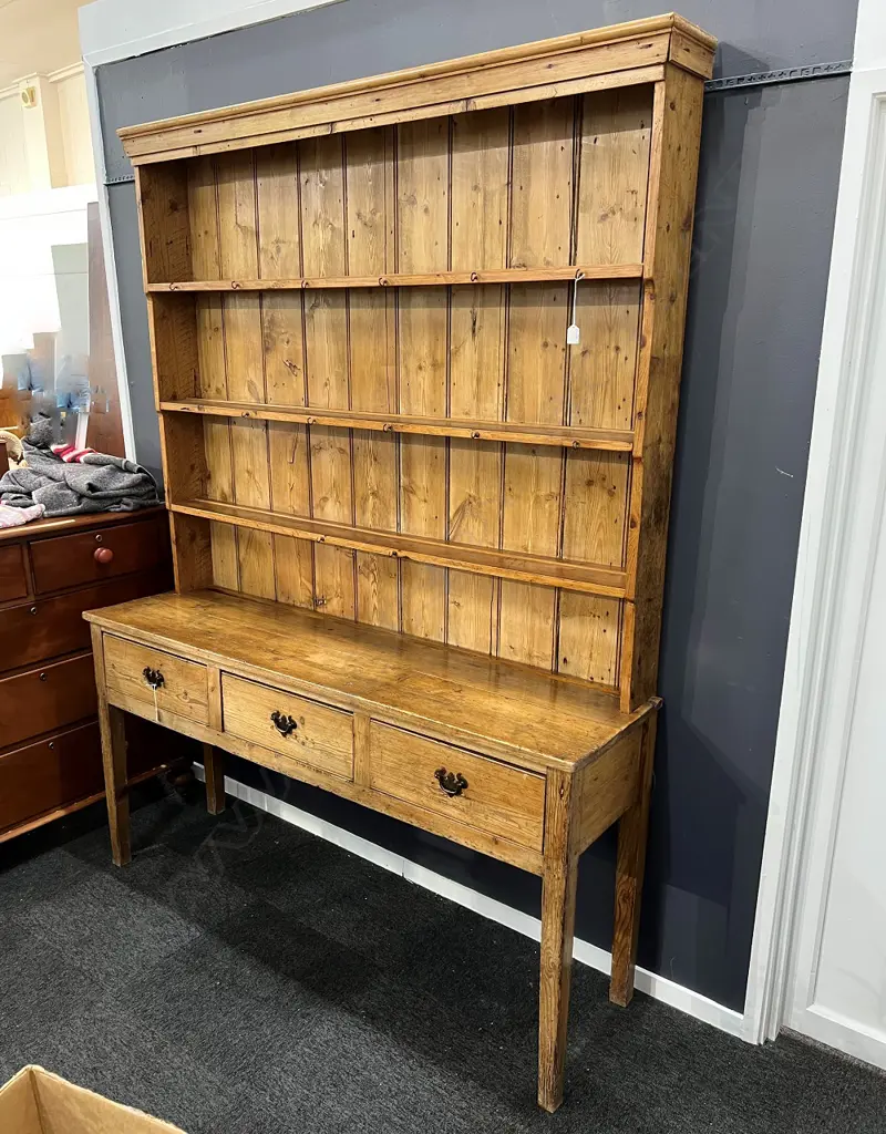 ANTIQUE PINE DRESSER. PLATE RACK BACK w 3 shelves. 3 drawer base. 1615 x 445 x 2165mm. Image 1++