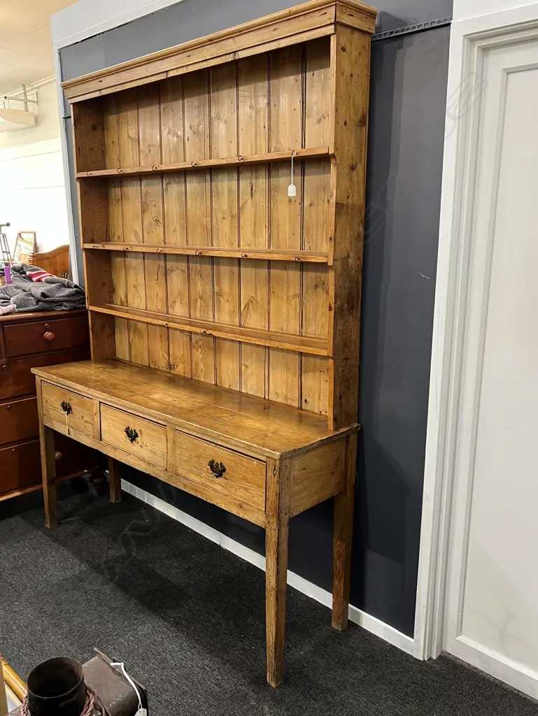 ANTIQUE PINE DRESSER. PLATE RACK BACK w 3 shelves. 3 drawer base. 1615 x 445 x 2165mm. Image 1++