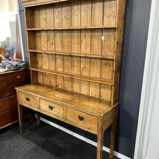 ANTIQUE PINE DRESSER. PLATE RACK BACK w 3 shelves. 3 drawer base. 1615 x 445 x 2165mm.