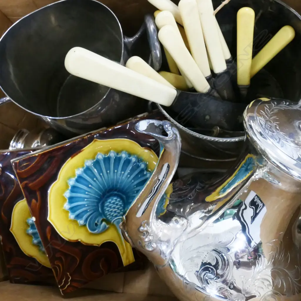 BOX ASST INCL SILVER PLATE COFFEE POT & JUG, PR ART NOUVEAU TILES ETC.. Image 1++