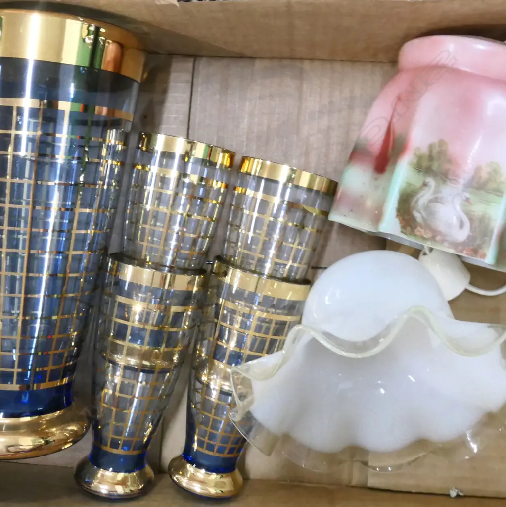 BOX ASST GLASS; 2 VICTORIAN LAMPSHADES + LG BLUE & GOLD GLASS JUG WITH 4 TALL GLASSES Image 1++