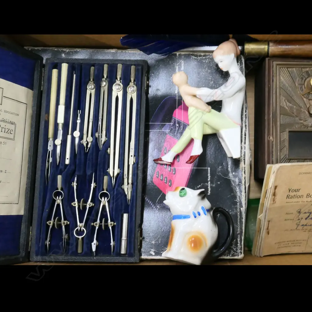 BOX LOT PORCELAIN FIGURE, BONZO JUG, PHONE, KNIFE, DRAWING SET, SAFE, RATION BOOK, LILLICRAPS URANIUM GLASS HONE Image 1++