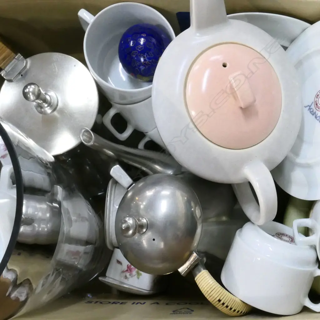 BOX LOT LIMOGES COFFEE SET, PEWTER TEA & COFFEE POTS, VASE ETC Image 1++