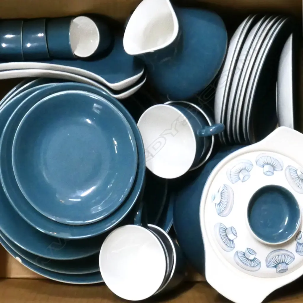 BOX LOT POOLE TEAL BLUE PART DINNER SERVICE- PLATES, BOWLS, EGG CUPS, C&S'S, DISHES, CANISTER ETC.. Image 1++