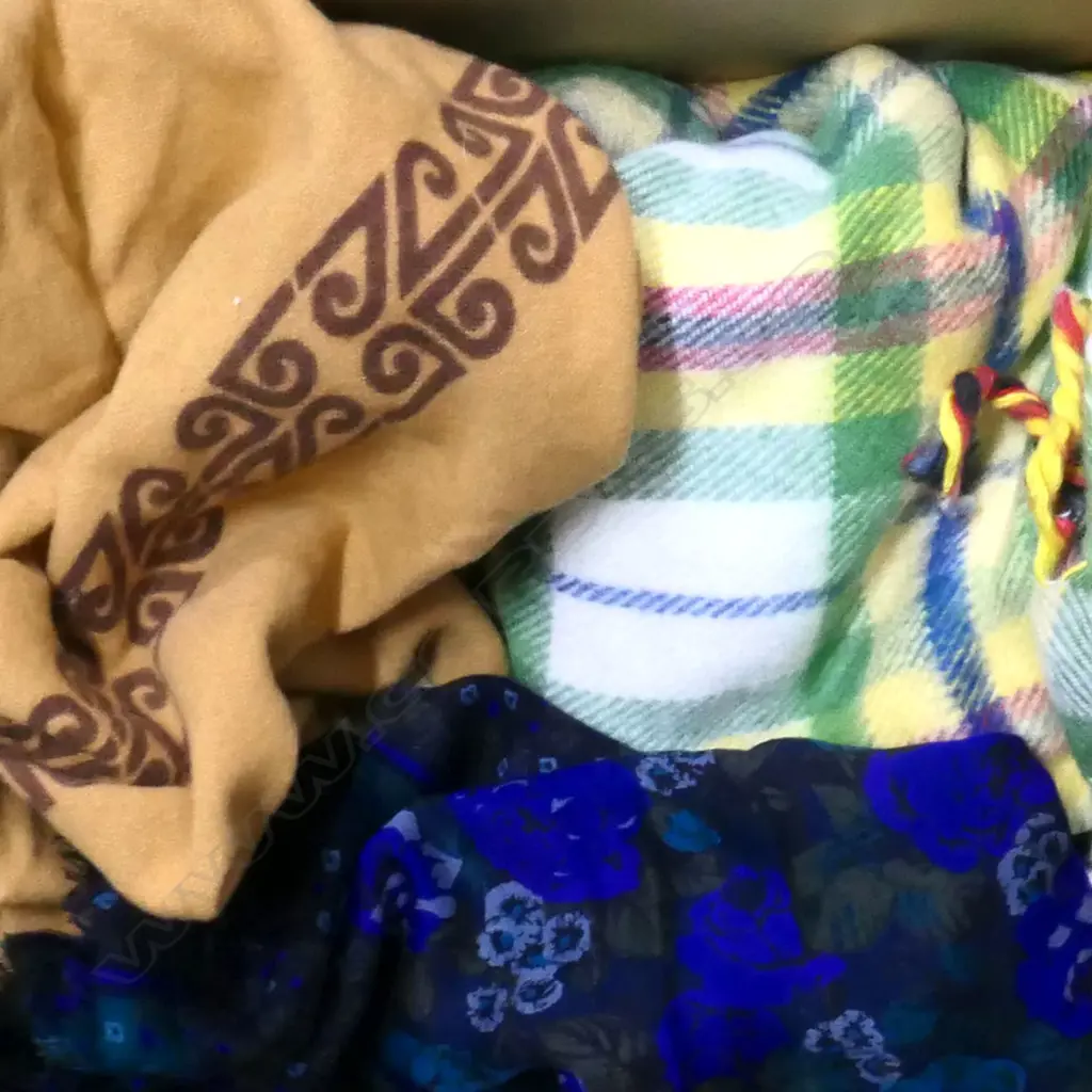 BOX ASST TEXTILES INCL OLD AIR NZ BLANKET, CLERICAL STOLE, TAPESTRY, TRAVEL RUG, HARDY AMIES TIE ETC. Image 1++