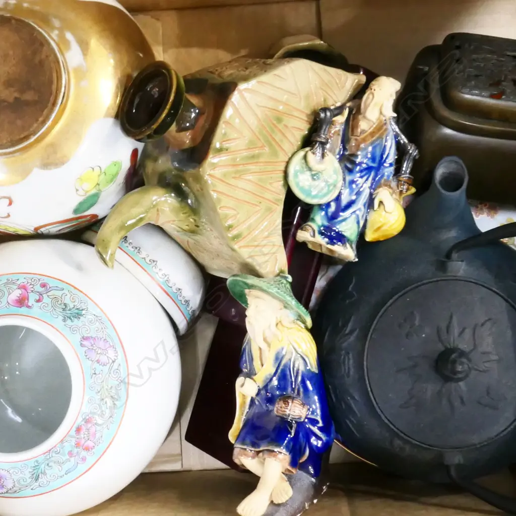 BOX LOT ASST. ORIENTAL ITEMS; MOSTLY CERAMICS + TEAPOT ETC Image 1++