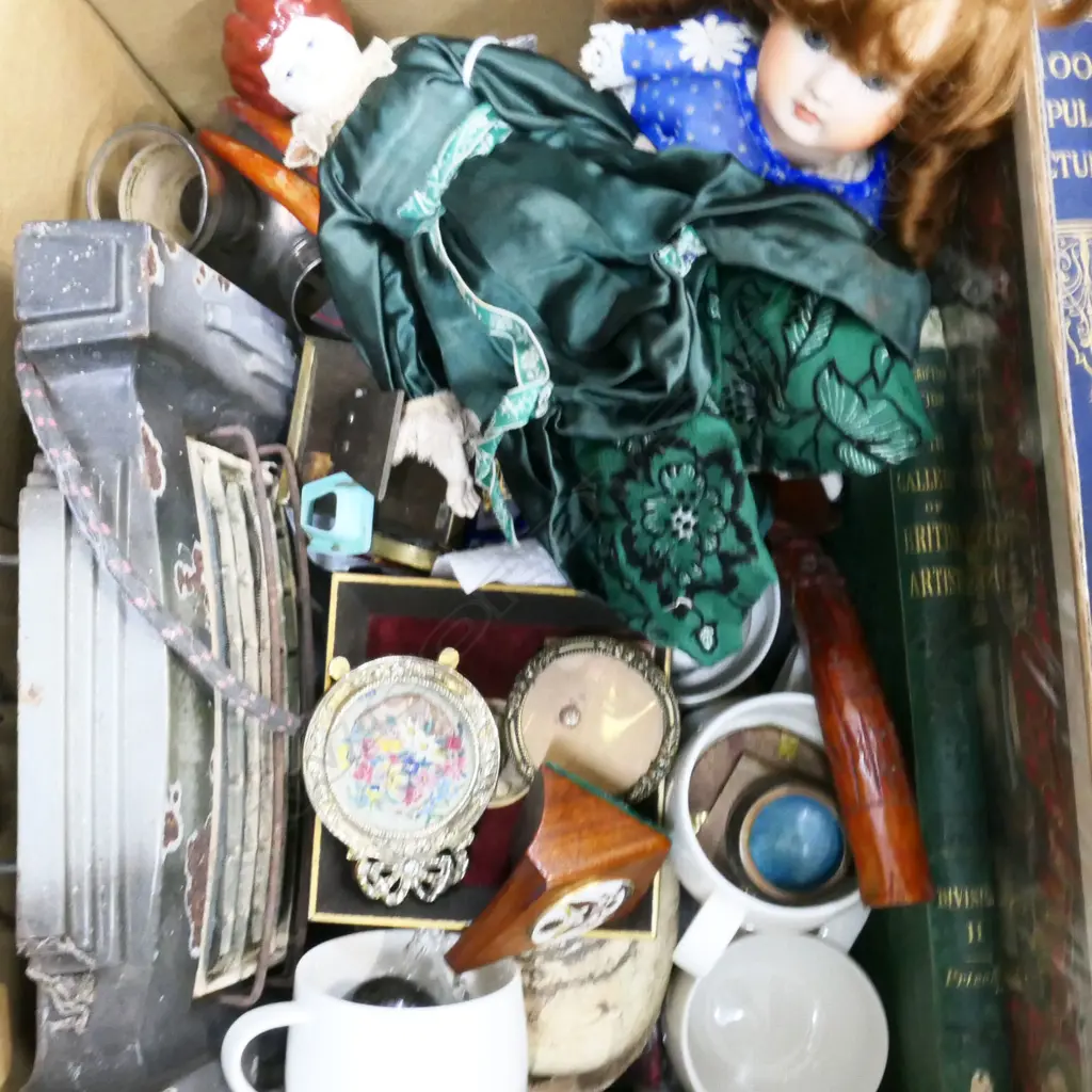 BOX LOT ASST. ITEMS; CERAMICS, DOLLS, OLD HEATER ETC Image 1++