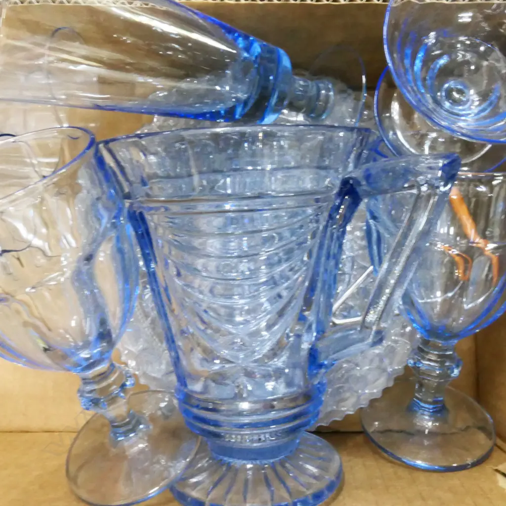 BOX LOT ASST BLUE GLASS INCL DEPRESSION GLASS; LG GOBLETS, JUG, PLATES ETC.. Image 1++