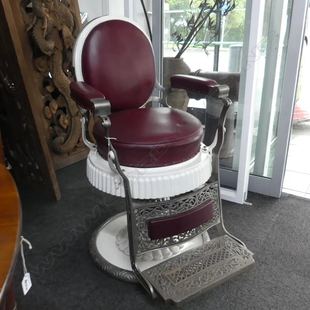 ANTIQUE CAST IRON BARBERS CHAIR white enamel & red vinyl Image 1++