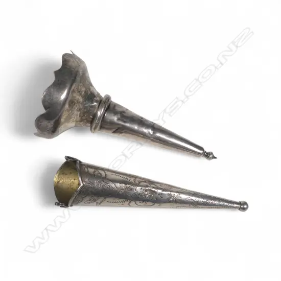 Two Edwardian posy holders, one sterling silver of trumpet shape with engraved decoration,