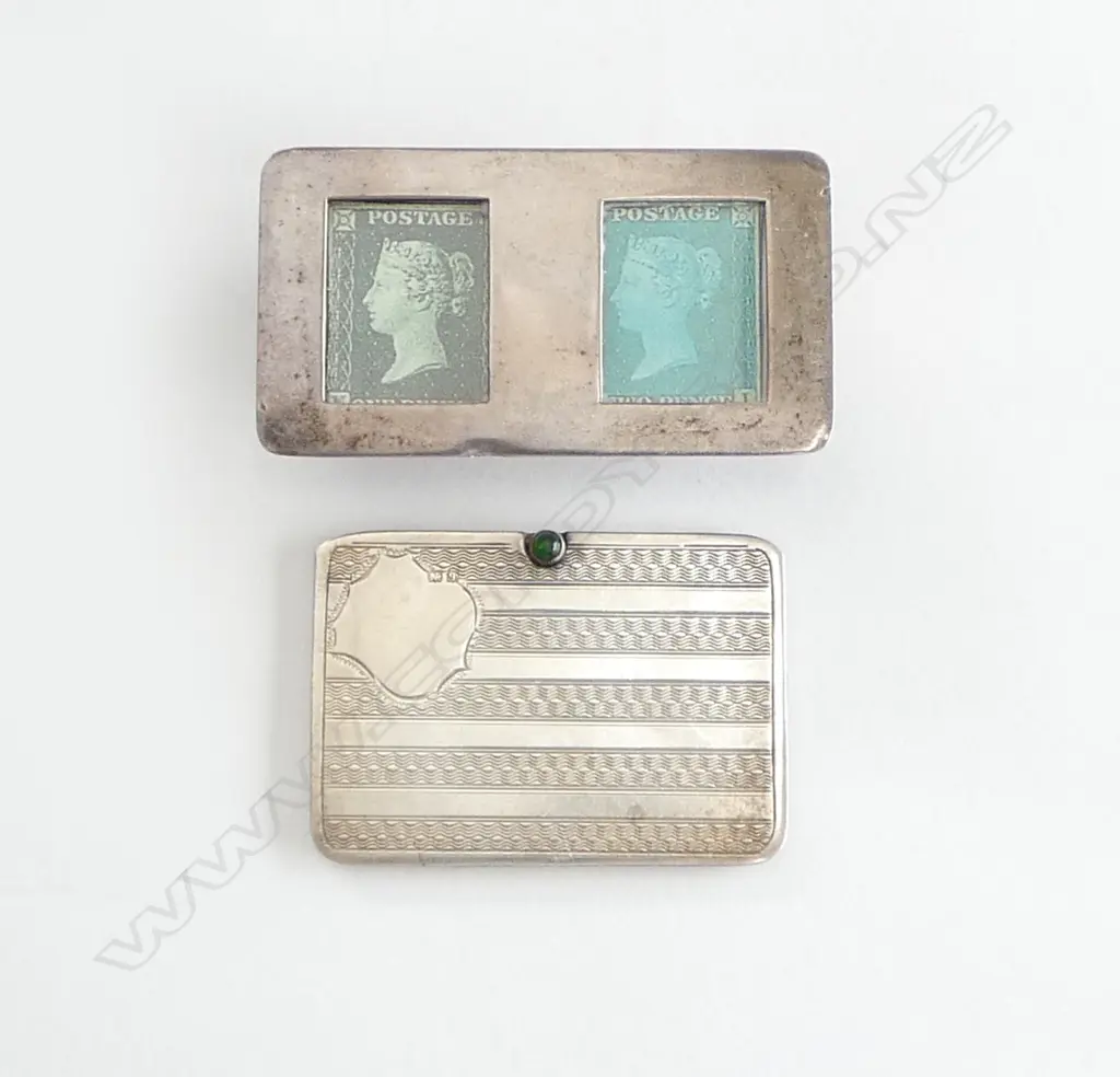 A sterling silver double stamp box and a slender silver stamp pocket case, Image 1++