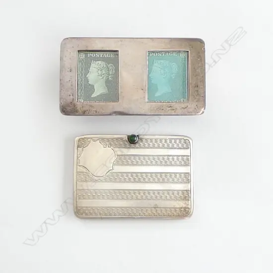 A sterling silver double stamp box and a slender silver stamp pocket case,