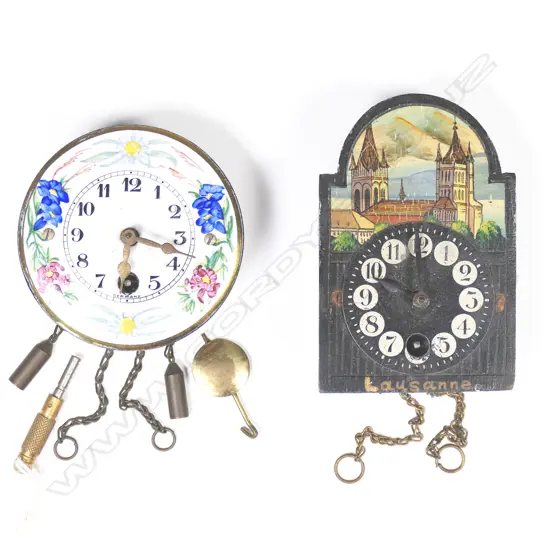 Two miniature, key wound, wall hanging German (Black Forest) one-day timepieces,