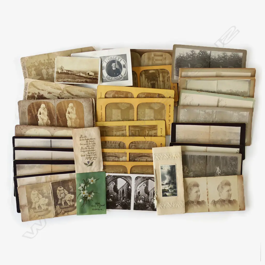 A box of assorted stereoscope photographic cards. Image 1++