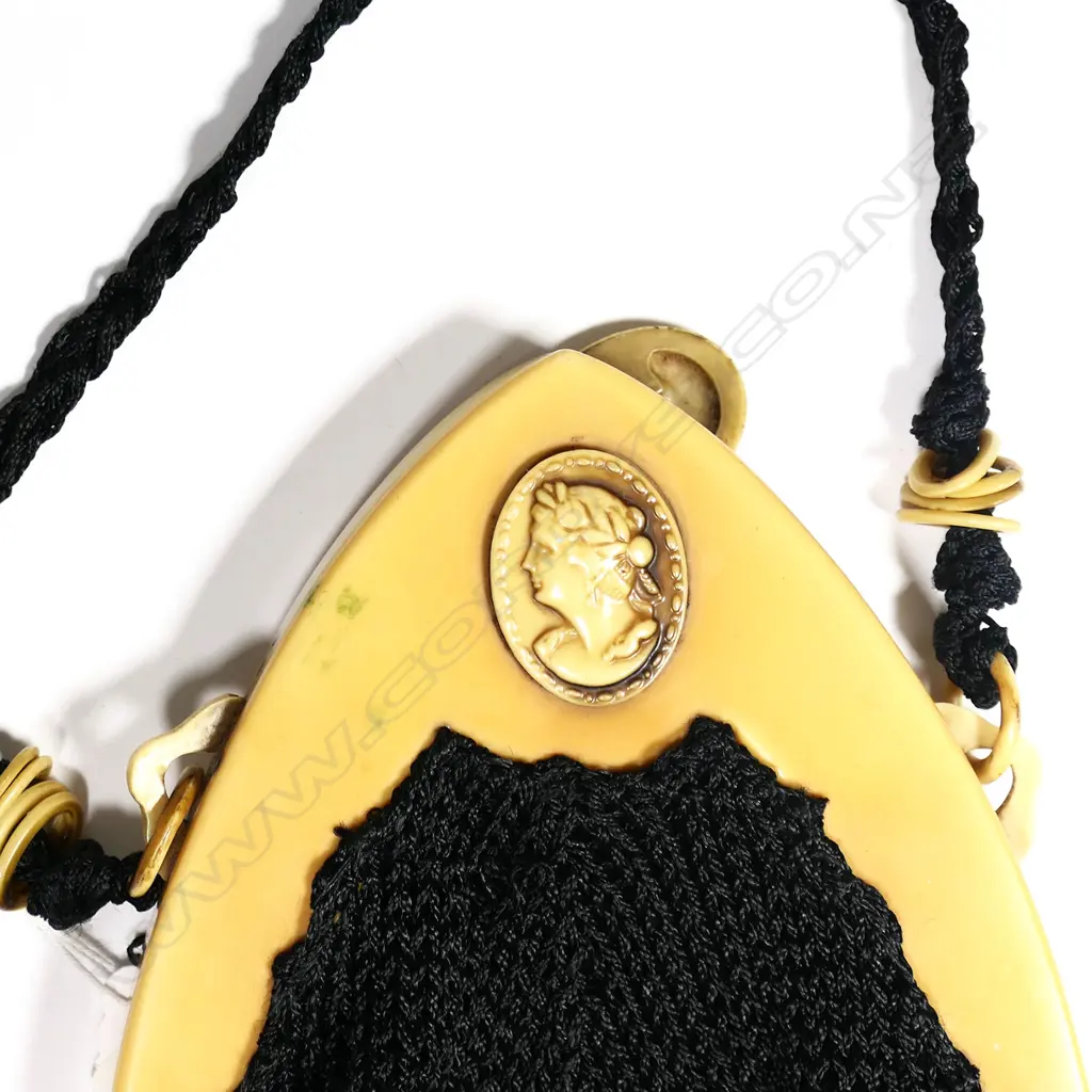 A French Art Deco ivorine framed black and white crochet handbag, Image 1++