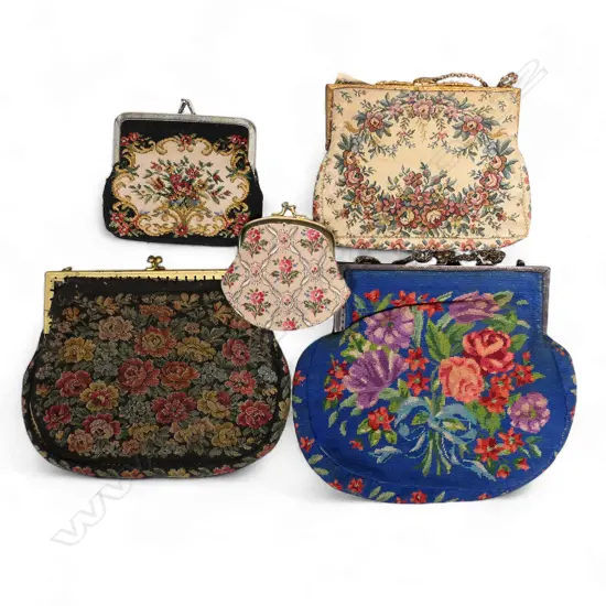 Five early 20thC European embroidered and petit point purses,
