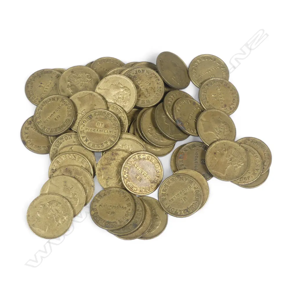 A collection of ~56 John Chorlton’s Fancy Goods Manchester brass unofficial farthing tokens, Image 1++