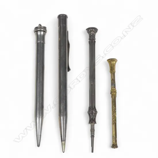 Four telescopic or propelling pencils: Sterling silver 'Yard-o-Lead' propelling; Wahl USA Sterling propelling, silver plate and pinchbeck telescopic. (4)