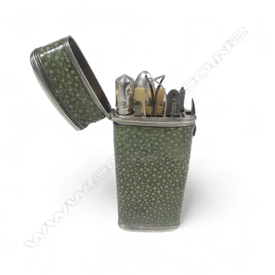 A Georgian period silver mounted pale green shagreen étui with contents,