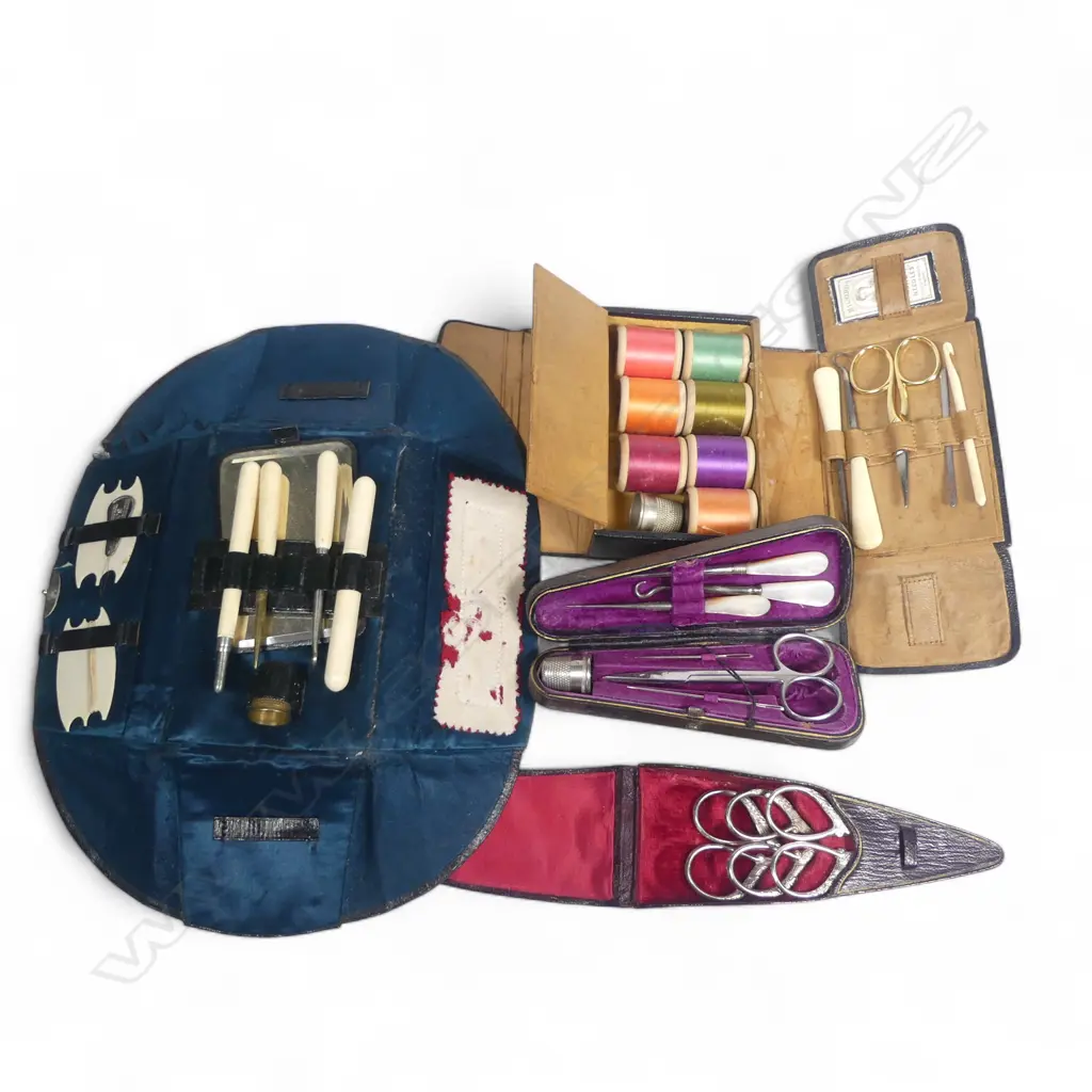 Four lady's sewing compendiums, taper, purse and box shapes, one containing a set of three sewing scissors. Image 1++