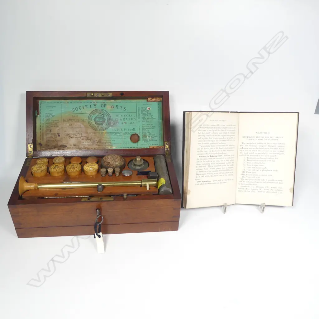 A good and virtually complete English c.1880, two-layer dovetailed mahogany boxed, blowpipe analysis set, with Society of Arts label with index to inside of lid, Image 1++