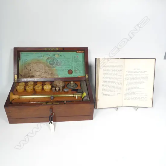 A good and virtually complete English c.1880, two-layer dovetailed mahogany boxed, blowpipe analysis set, with Society of Arts label with index to inside of lid,