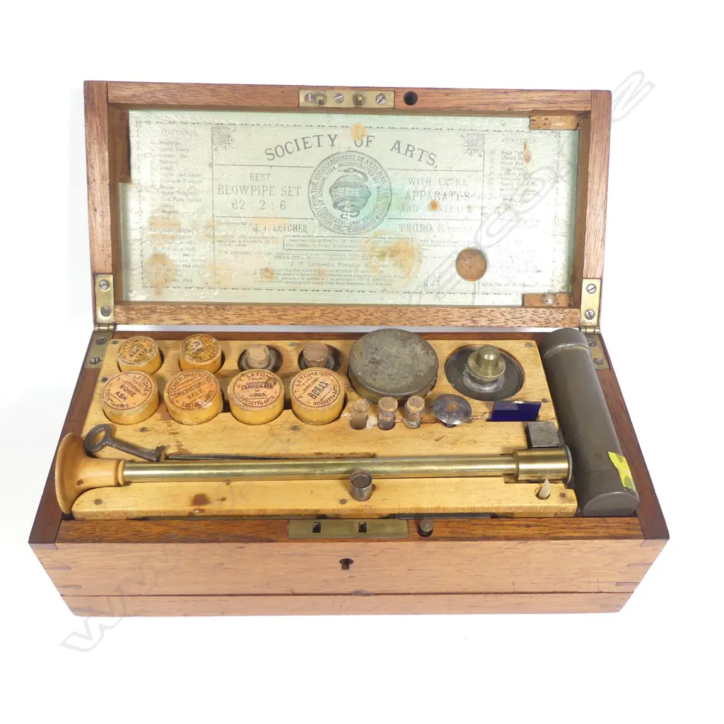A near complete English c.1880,two-layer mahogany boxed, blowpipe analysis set, with Society of Arts label with index to inside of lid, Image 1++