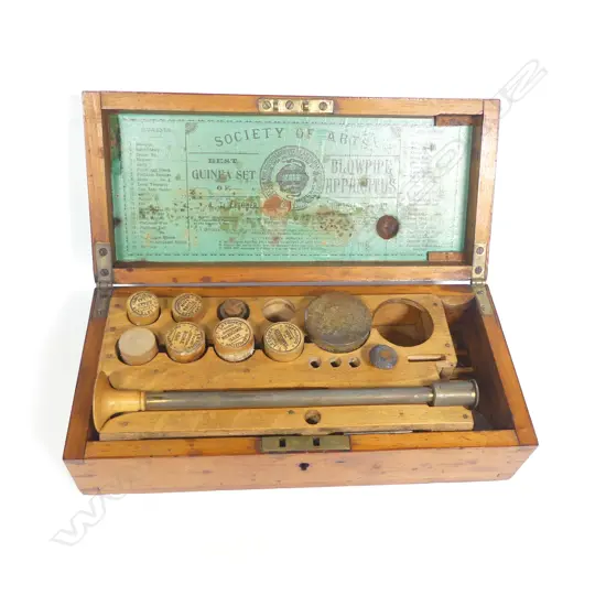 An English c.1880, one-layer pine boxed, 'Guinea' blowpipe analysis set, with Society of Arts label with index to inside of lid,