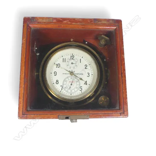A 20th century Russian brass-bound mahogany two-day marine chronometer, signed and numbered Kirova (ИМЕНИ КИРОВА), 15081,