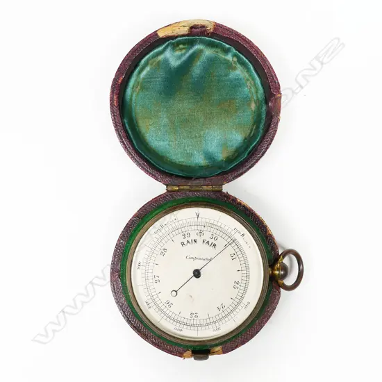 A Victorian gilt brass compensated pocket barometer-altimeter, in red leather case,