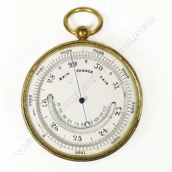 A gilt brass pocket aneroid barometer-altimeter with thermometer,