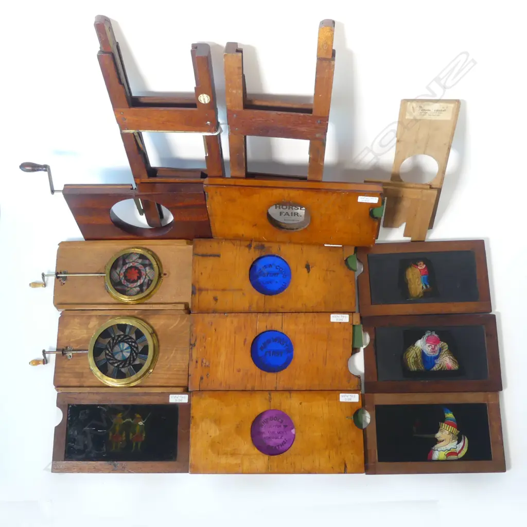 Rare winder operated chromotrope kaleidoscope magic lantern slide, along with other action slides, Image 1++