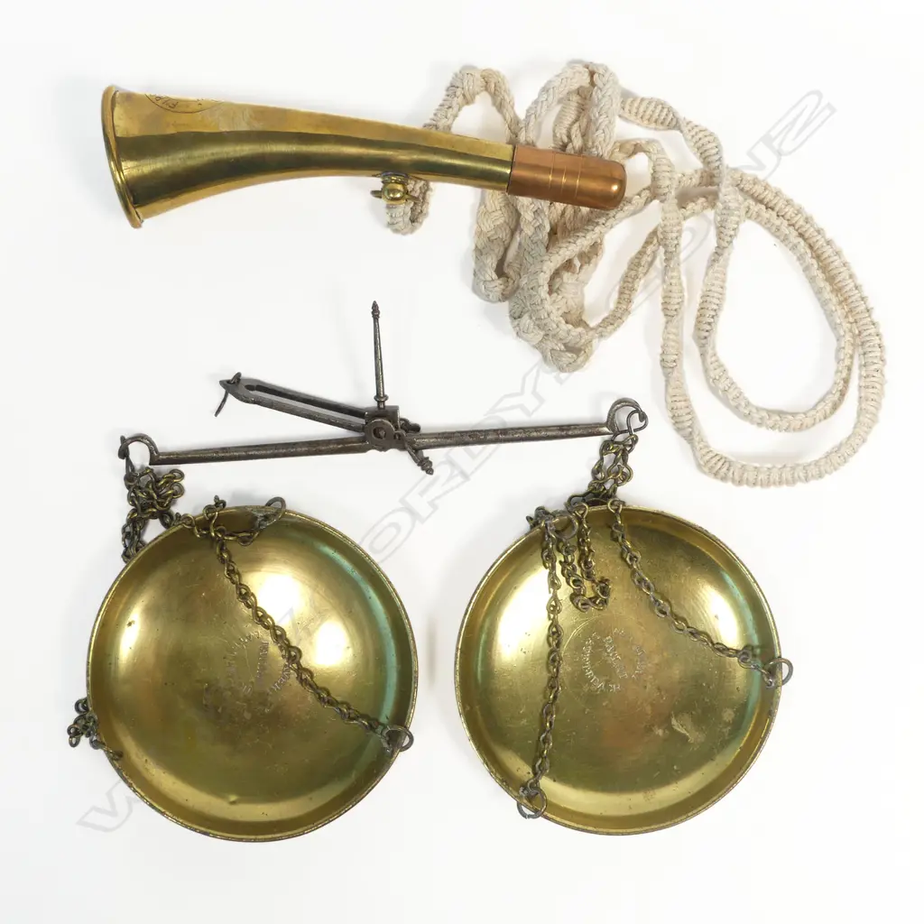 A brass foxhound horn, with string-work hanger, and a set of portable Avery brass pan balance scales, Image 1++