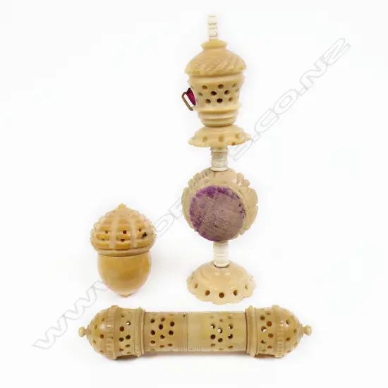 Three items of Coroza nut, a standing sewing aid, an acorn pomander thimble case and a pomander or bodkin case,