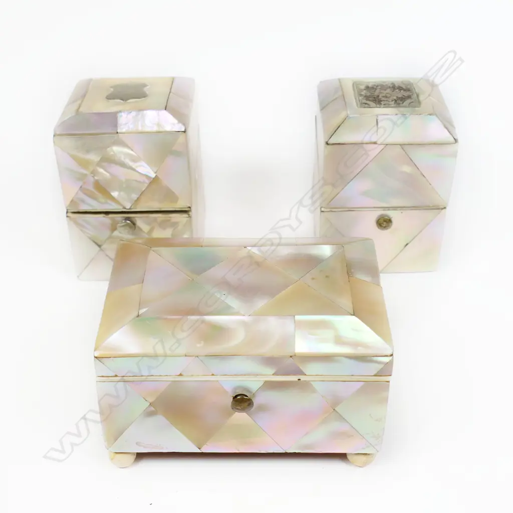 Three miniature mother of pearl covered caskets, each with contents: Image 1++