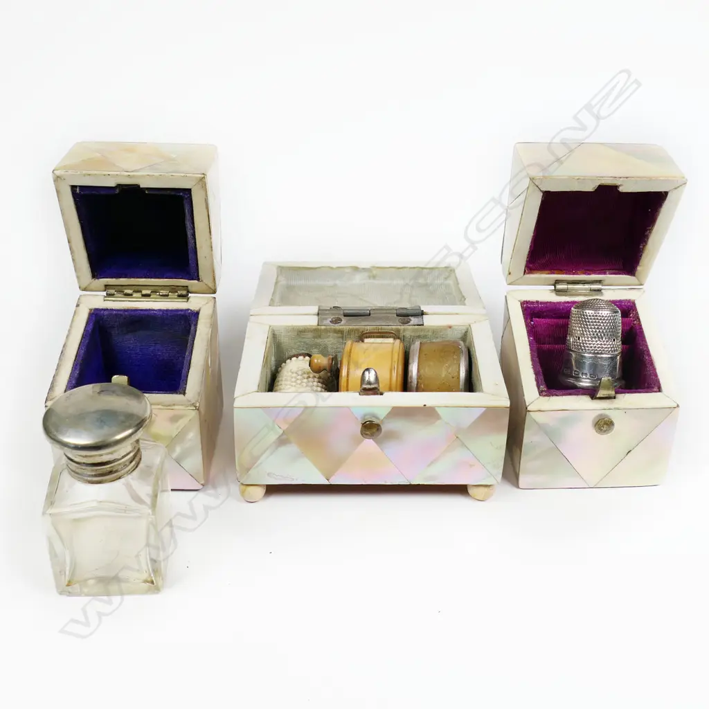 Three miniature mother of pearl covered caskets, each with contents: Image 1++