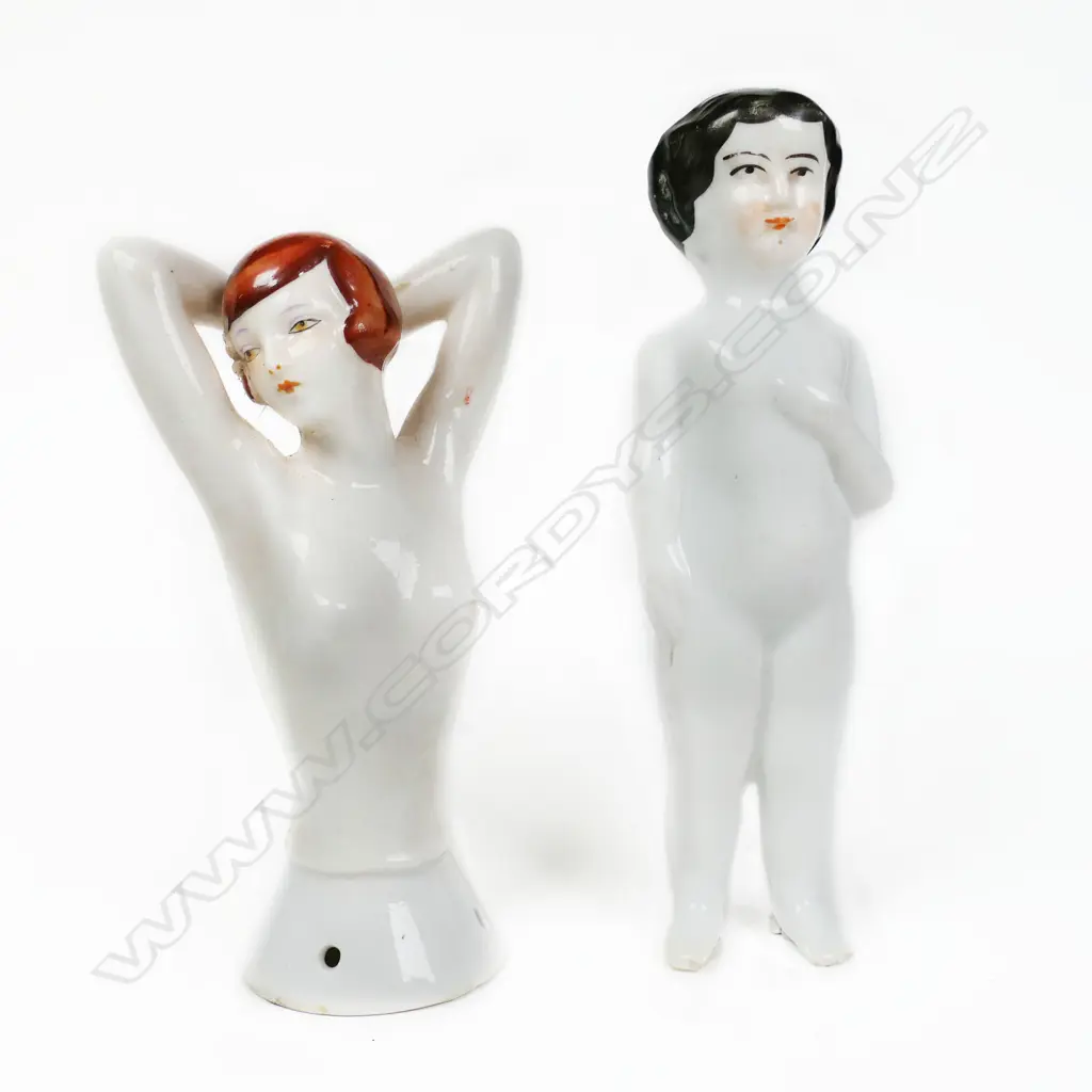 German Art Deco, Goebel porcelain half doll and a 19thC bisque fixed limb small doll. Image 1++