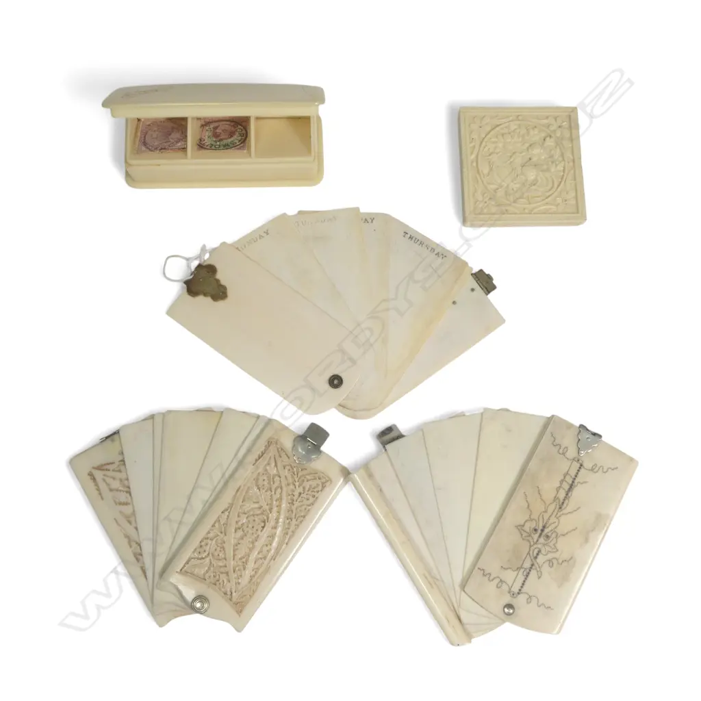 Three ivorine fan notebooks, an ivorine three compartment stamp box, and a square two-layer ivorine puzzle, Image 1++