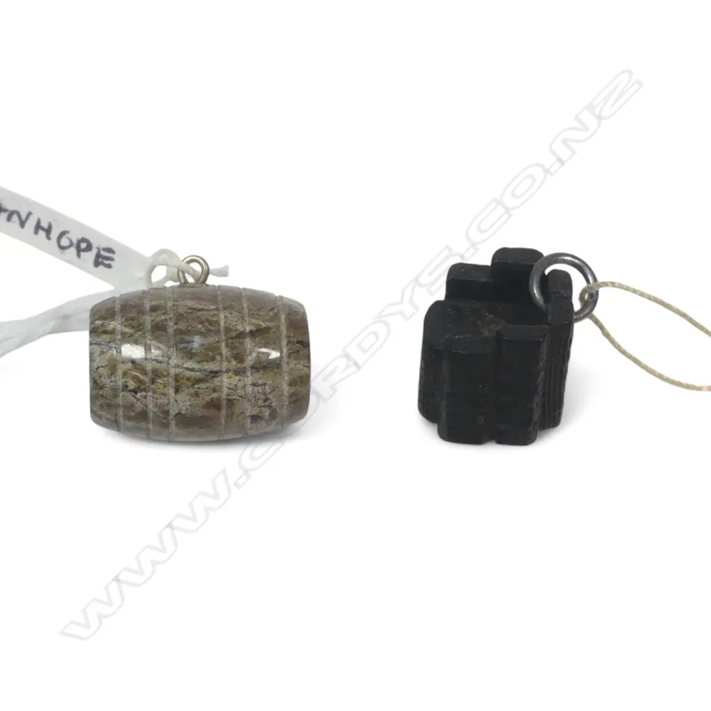 Two souvenir fob Stanhopes, one barrel shape of red serpentine stone with views of Cornwell, the other of black oak 'chimneys' with views of the Giants Causeway, coastal Ireland Image 1++