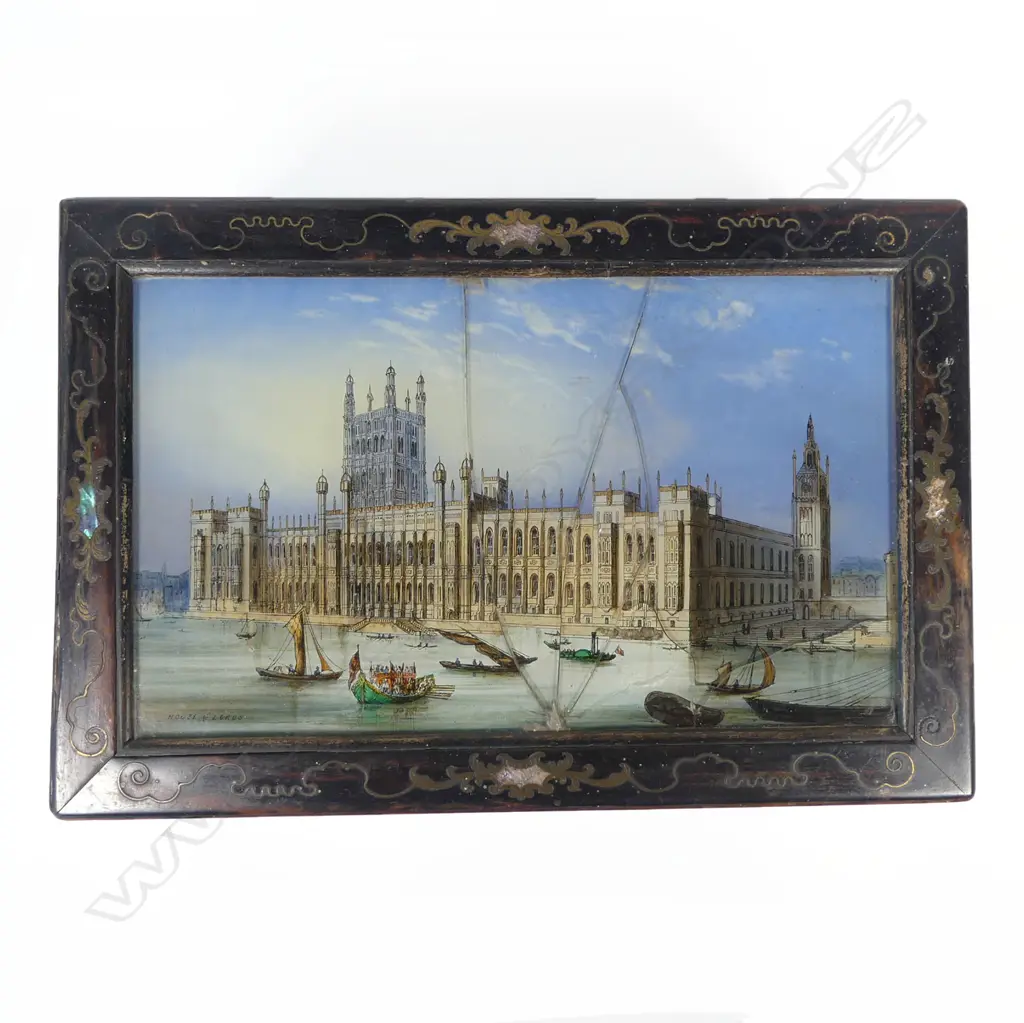 A Victorian ebony grained work box with glass reverse print inset top, (glass faulted), interior fitted with Mother of pearl handled implements and with original owner's details. W.305mm Image 1++