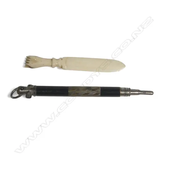 Two Stanhopes - a small bone letter knife and a brass propelling pencil,