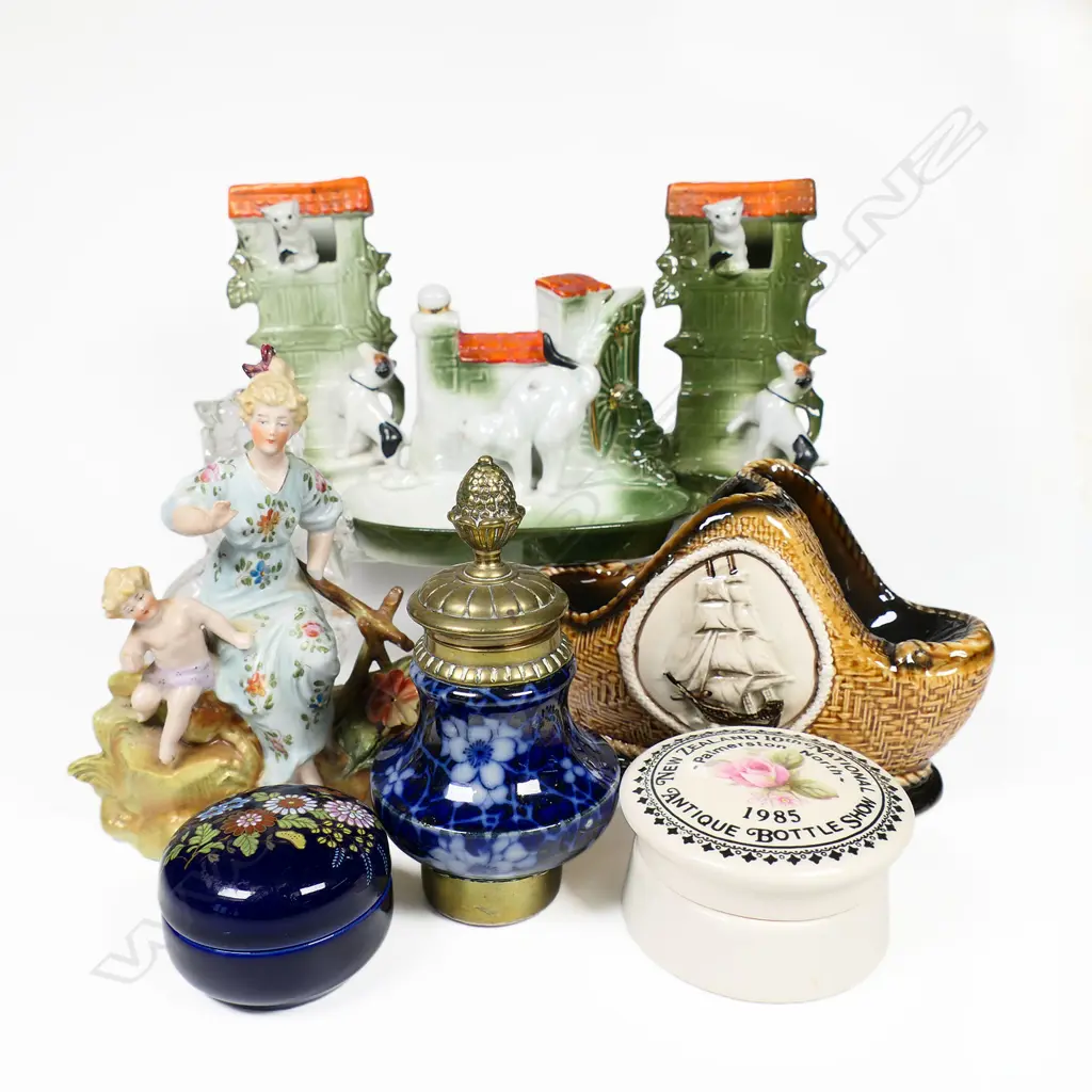 A selection of miscellany including a French inkwell, German porcelain spill vase set, etc. Image 1++