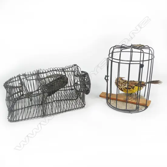 A wire live mouse basket trap, L.190mm and a decorative bird in wire cage. H.140mm