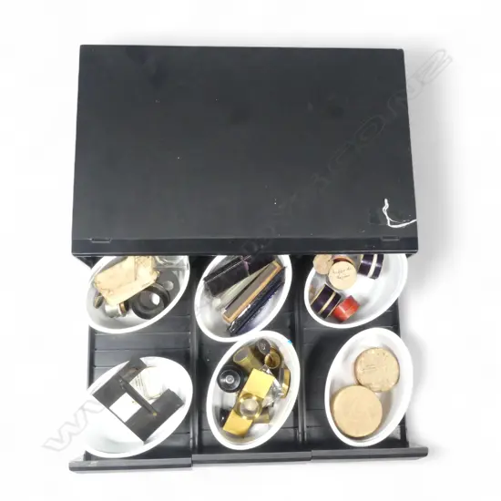 A selection of microscope slide preparation instruments, blue glass slides, covers, etc. in three drawer plastic file box.