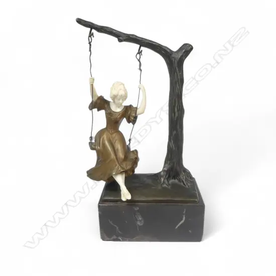 Art Nouveau sculpture by Gotthilf Jaeger (German 1871-1933) Young woman on a swing, ivory and bronze,
