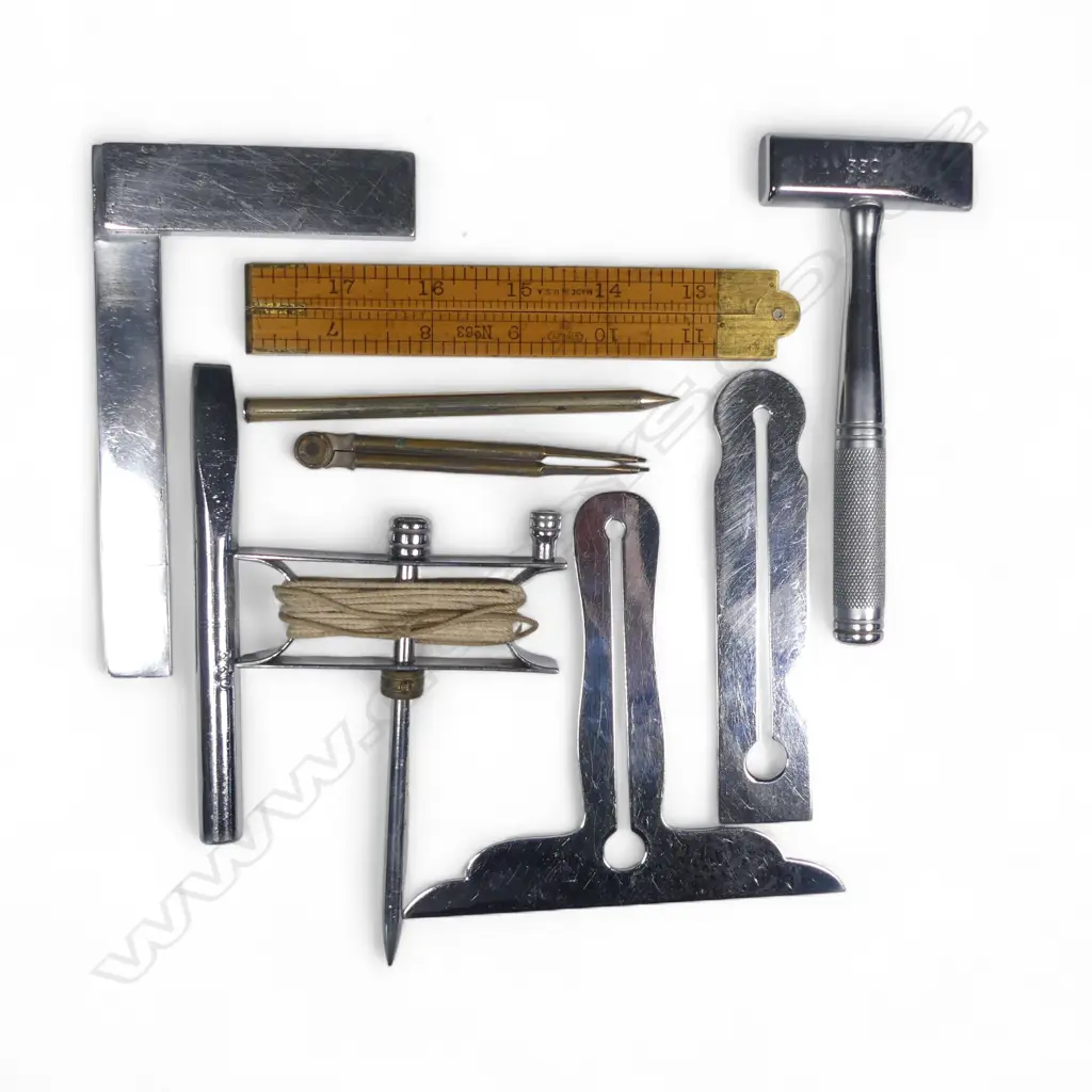 A collection of Masonic Lodge chromed and other tools, representative symbols for three degrees of Masonry Image 1++