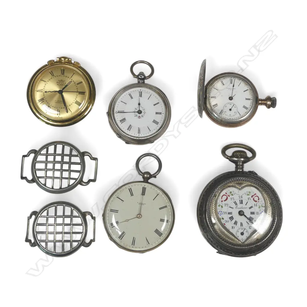 Five silver, silver plate and gold plated pocket watches, some needing attention, and two wristwatch protector grilles. Image 1++